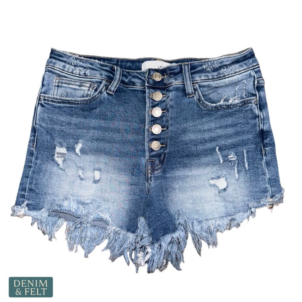 Vervet Button Fly Denim Shorts High Rise Distressed Raw Hem Medium Wash V2274 M